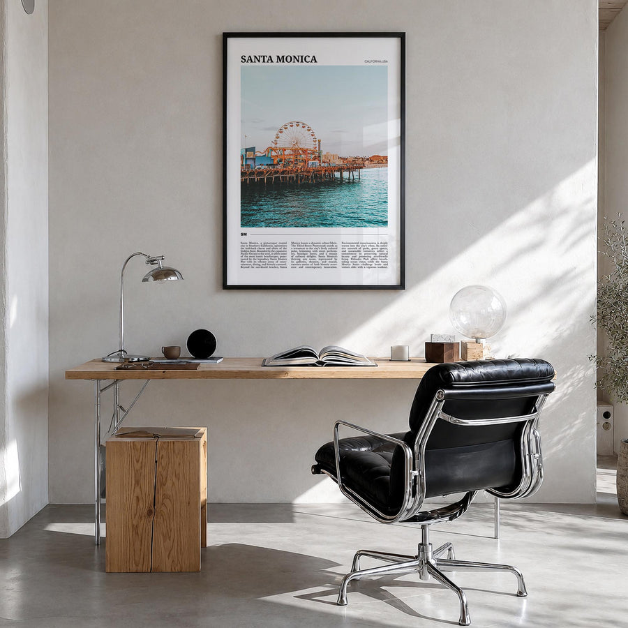 Santa Monica no. 2 colorful travel poster of California, USA – vertical wall art in black wood frame, hanging on wall