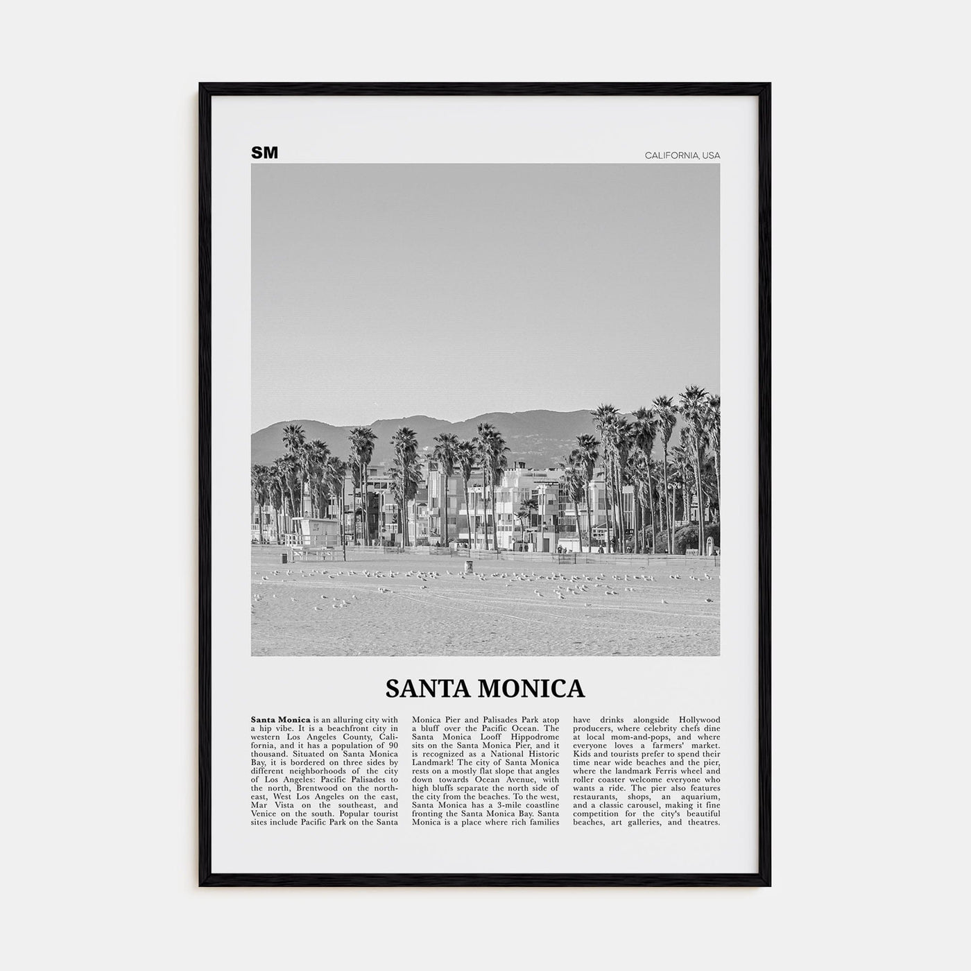 Santa Monica No 2 Poster Black Wood / 8x12 in Nbourhood Travel B&W Poster