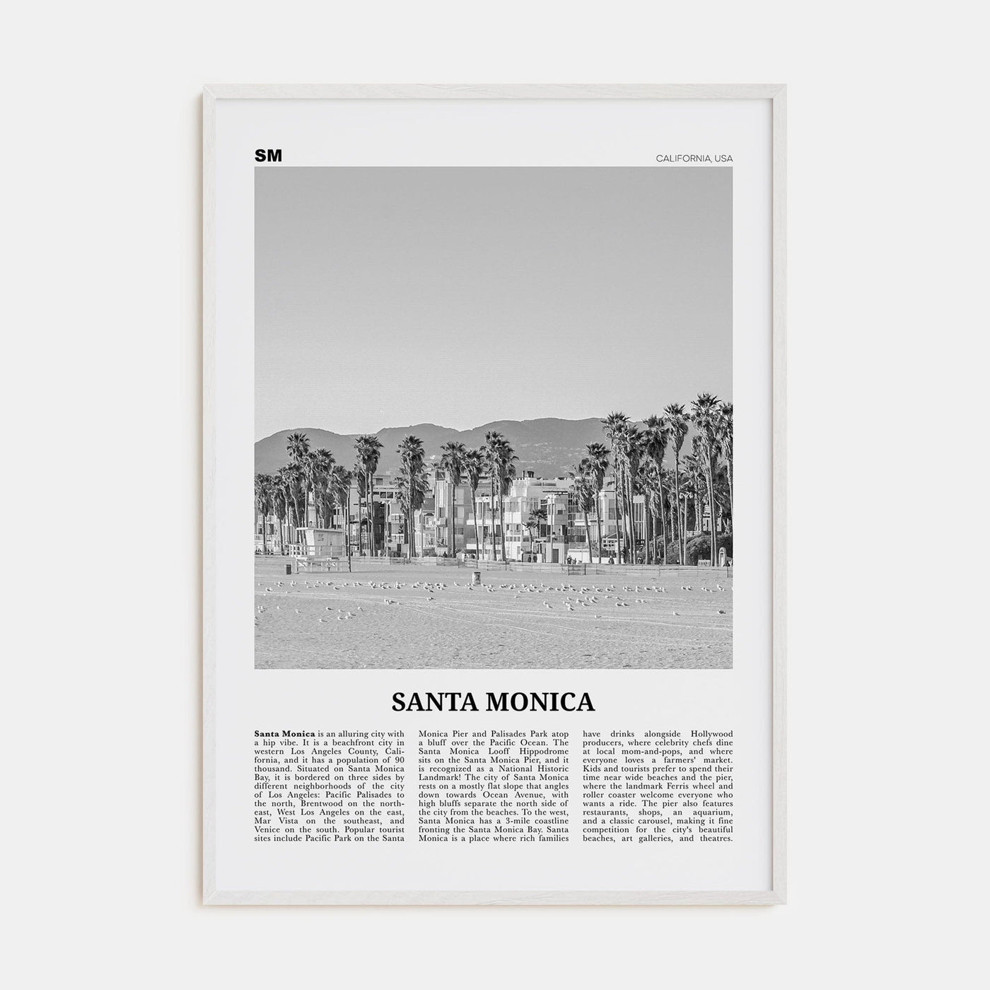 Santa Monica No 2 Poster White Wood / 8x12 in Nbourhood Travel B&W Poster