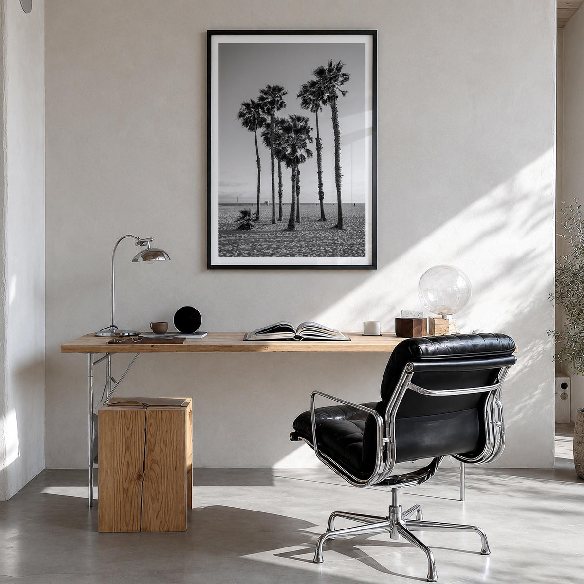 Santa Monica no. 3 black & white photo poster of California, USA – vertical wall art in black wood frame with white border, h