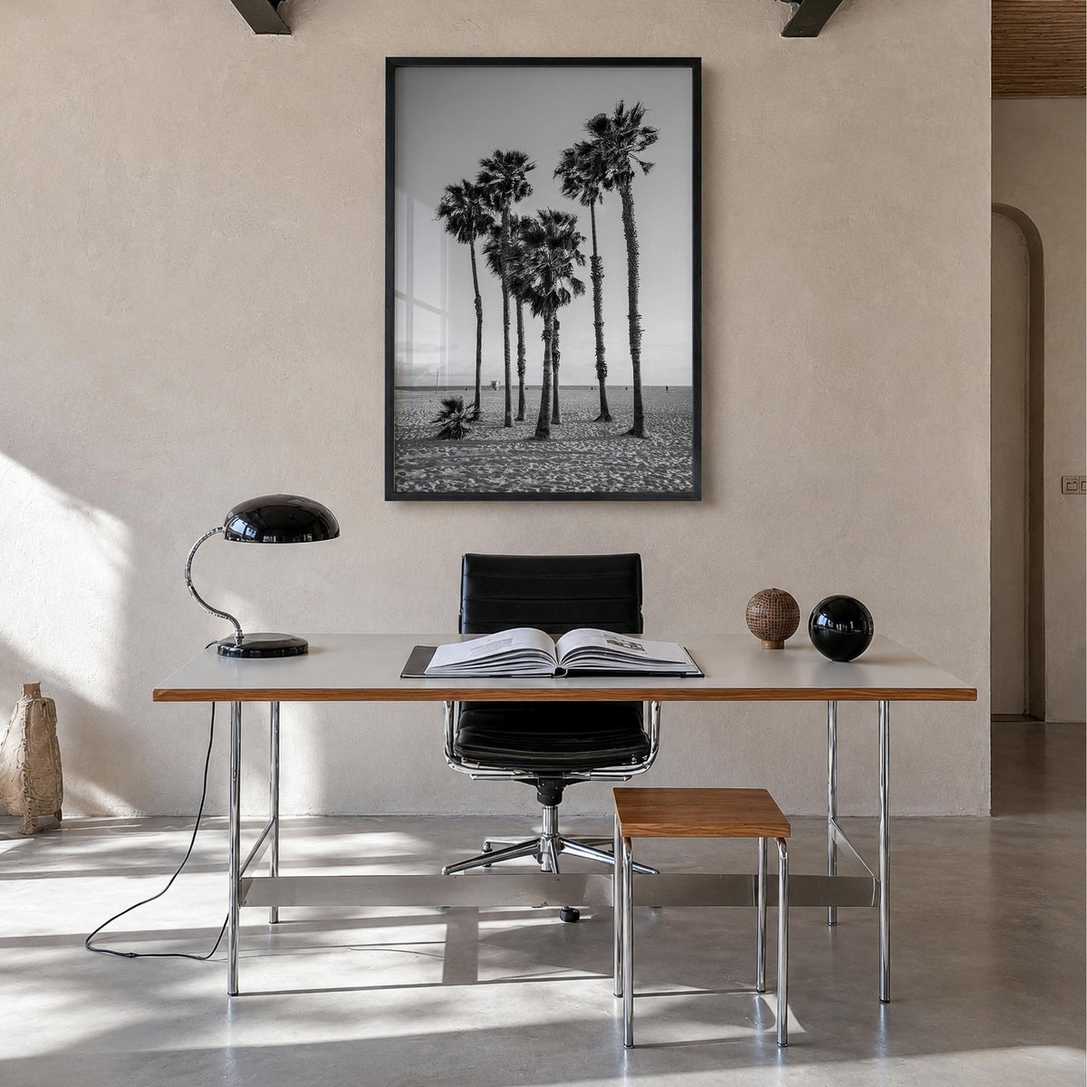Santa Monica no. 3 black & white photo poster of California, USA – vertical wall art in black wood frame, hanging on wall