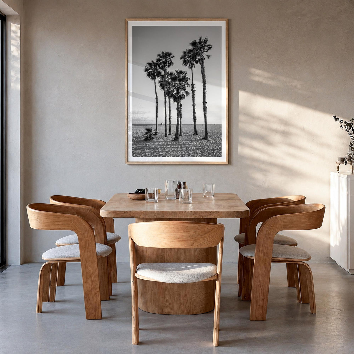 Santa Monica no. 3 black & white photo poster of California, USA – vertical wall art in natural wood frame with white border,