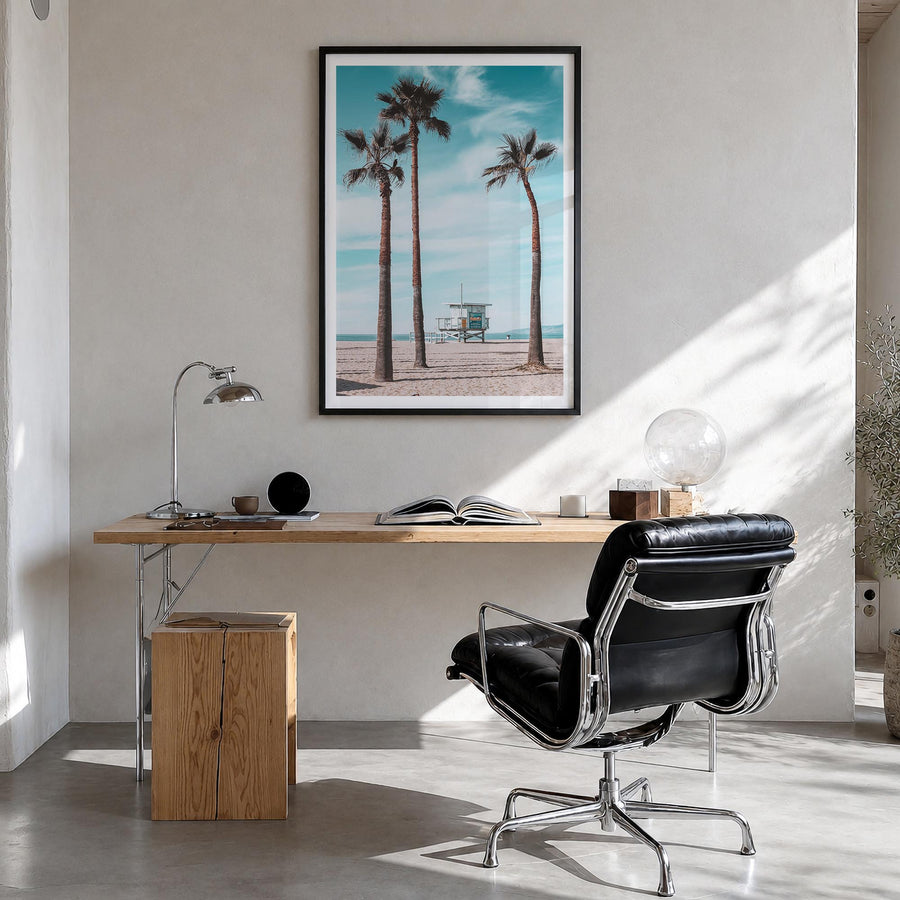 Santa Monica no. 3 colorful photo poster of California, USA – vertical wall art in black wood frame with white border, hangin