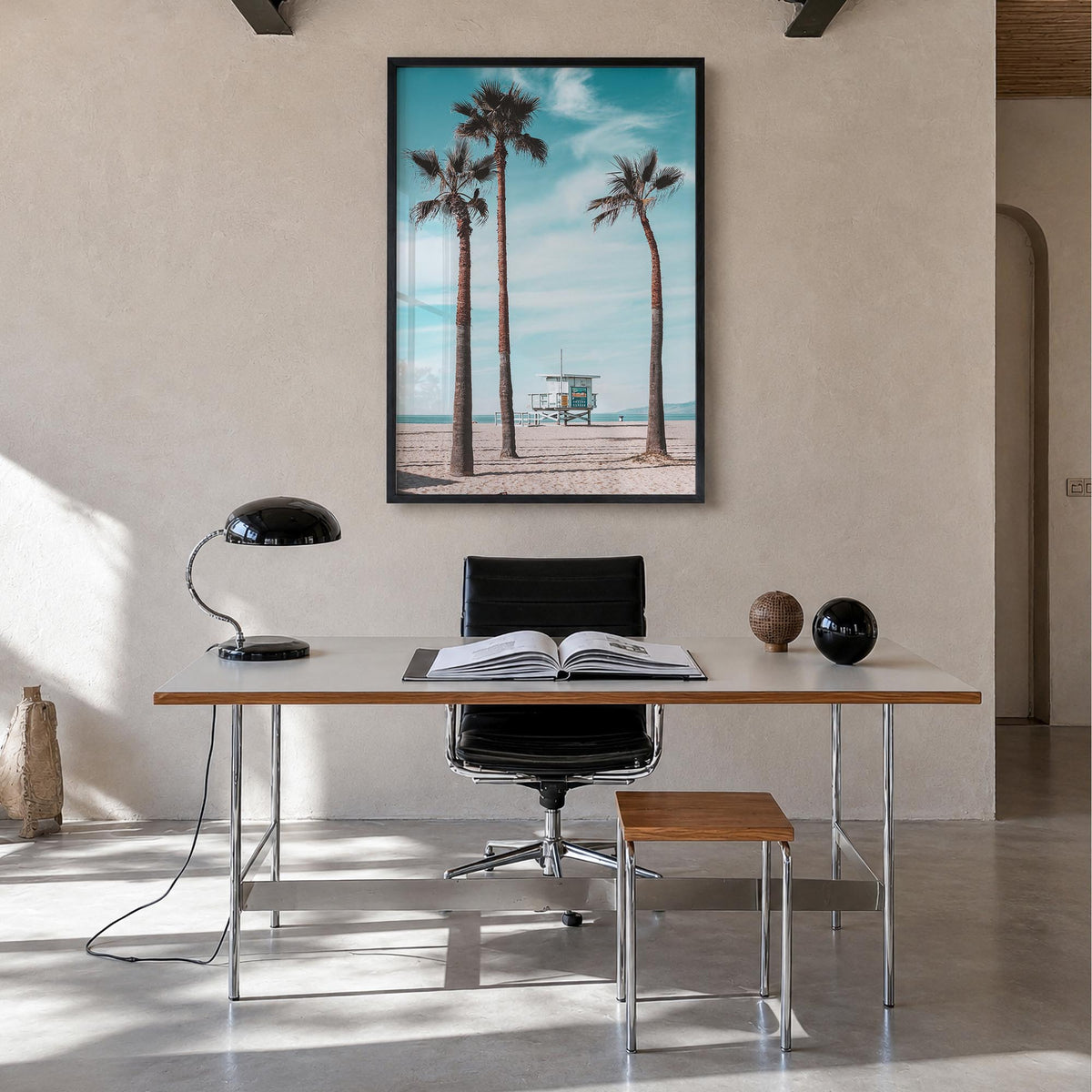 Santa Monica no. 3 colorful photo poster of California, USA – vertical wall art in black wood frame, hanging on wall