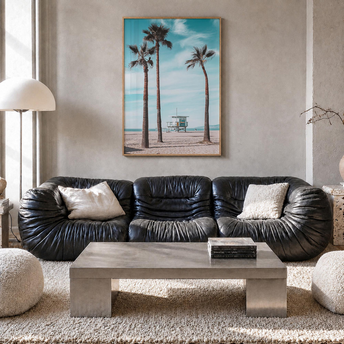 Santa Monica no. 3 colorful photo poster of California, USA – vertical wall art in natural wood frame, hanging on wall