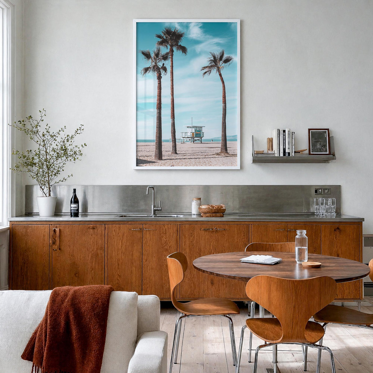 Santa Monica no. 3 colorful photo poster of California, USA – vertical wall art in white wood frame, hanging on wall