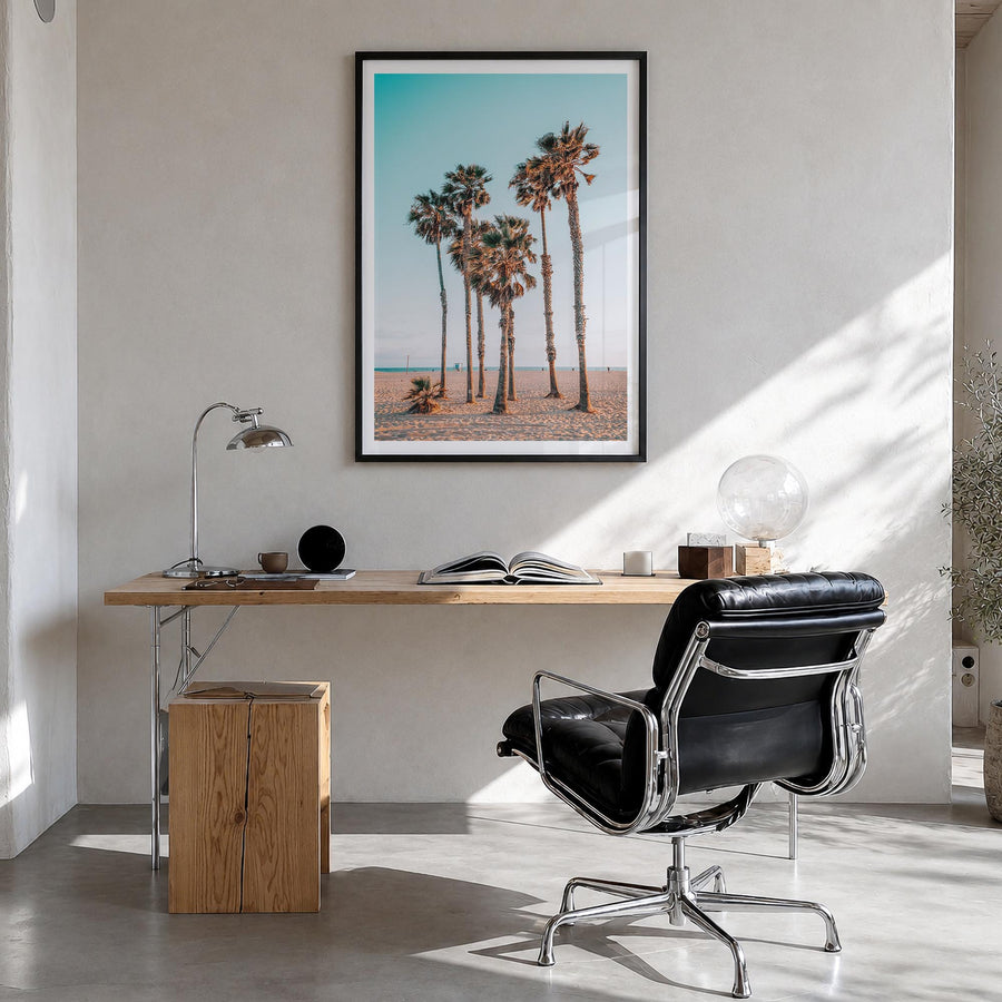 Santa Monica no. 4 colorful photo poster of California, USA – vertical wall art in black wood frame with white border, hangin