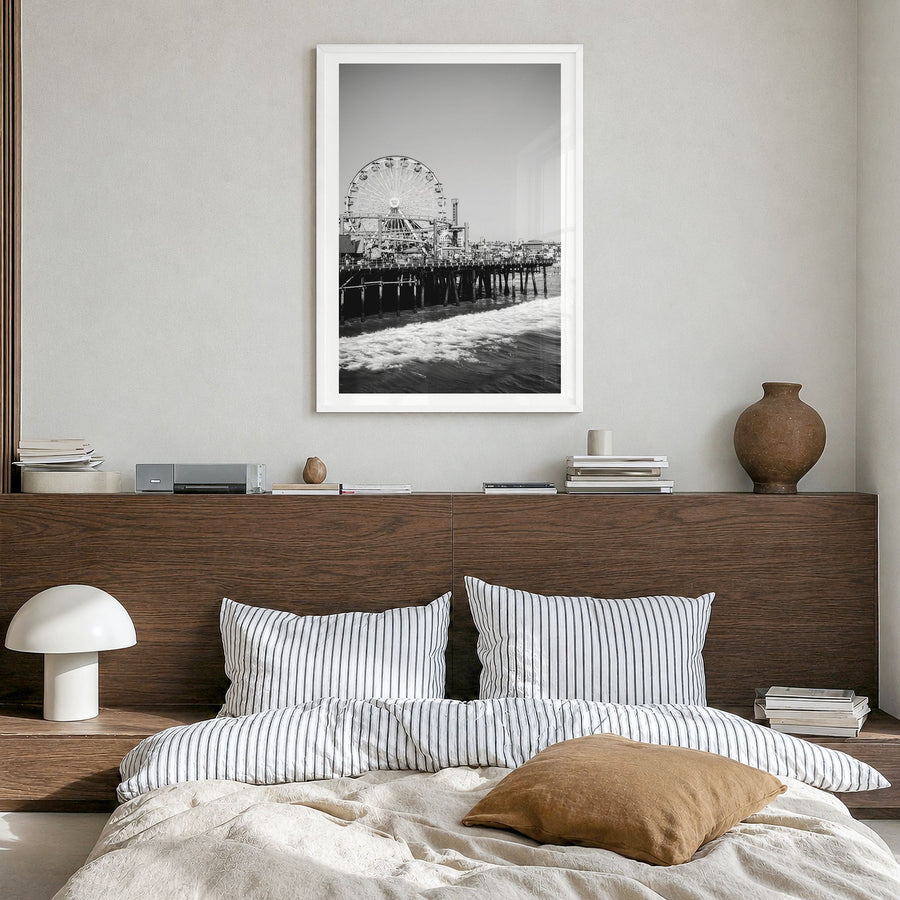 Santa Monica Photo No 2 Poster in a white wood frame, hanging in a bedroom, white border