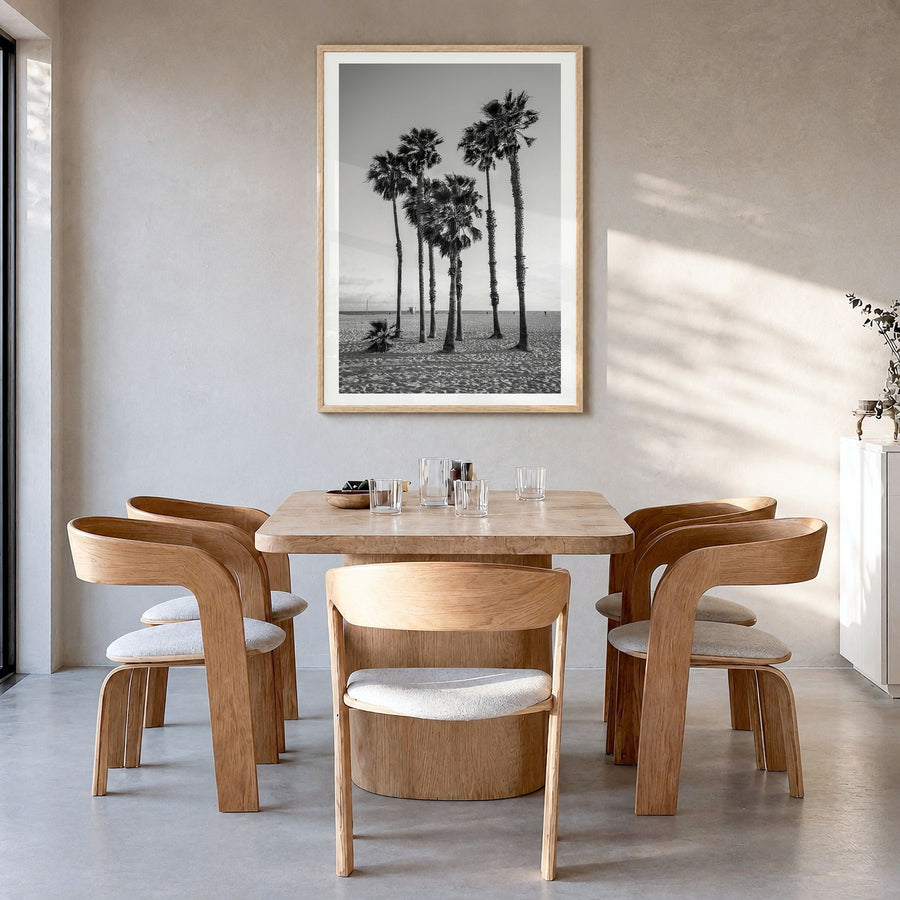Santa Monica Photo No 3 Poster in a natural wood frame, hanging in a dining room, white border