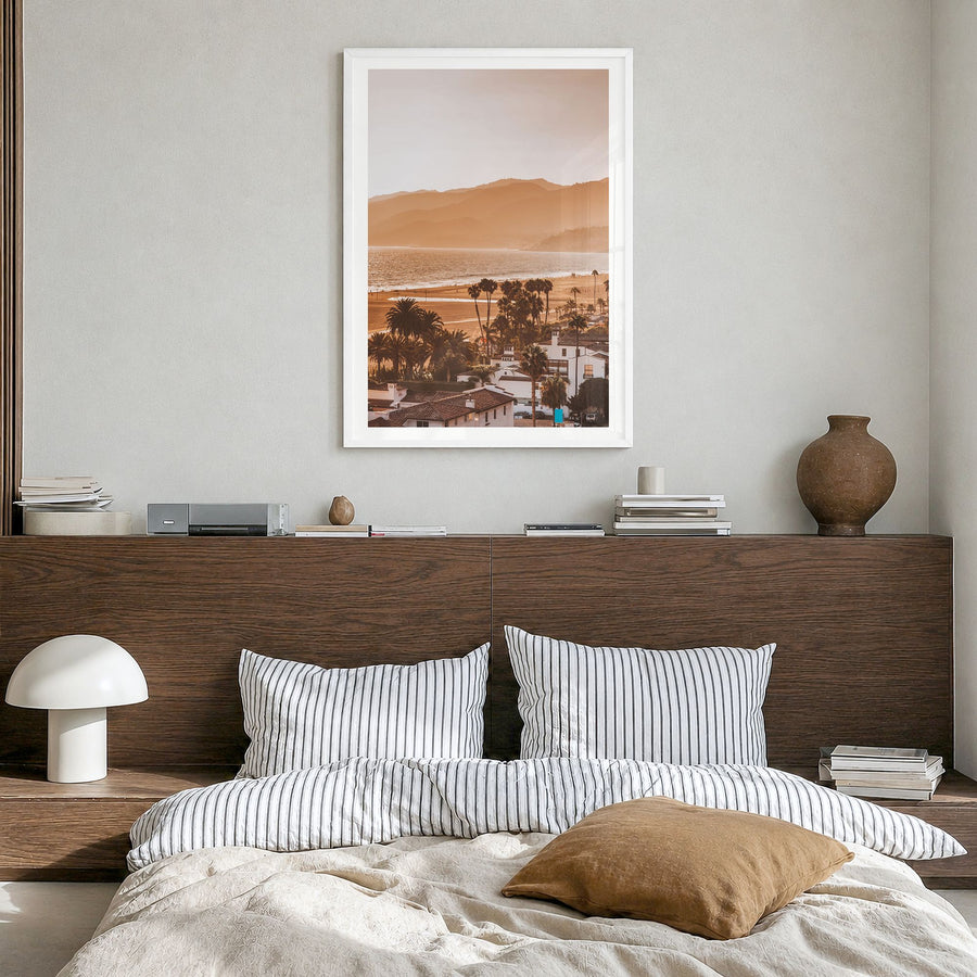 Santa Monica Photo No 1 Poster in a white wood frame, hanging in a bedroom, white border