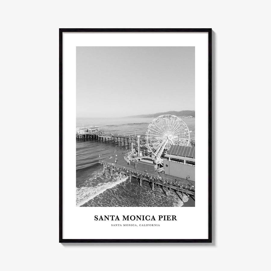 Santa Monica Pier black & white classic poster of Santa Monica, California – vertical wall art, unframed print shown in inter