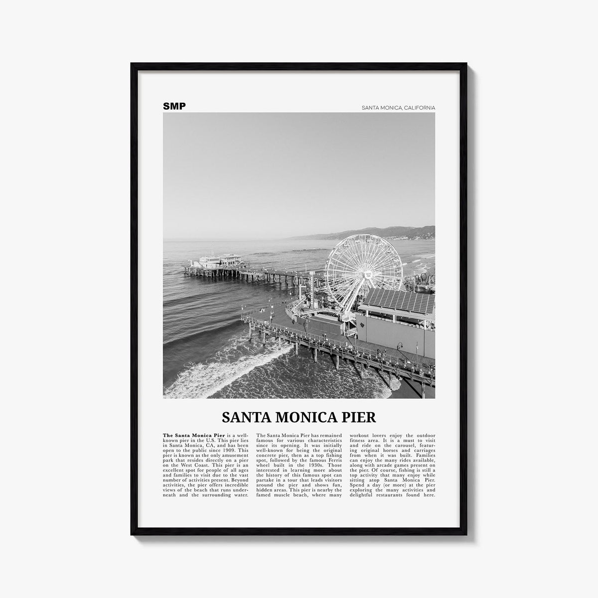 Santa Monica Pier black & white newspaper poster of Santa Monica, California – vertical wall art, unframed print shown in int