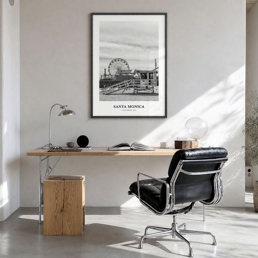 Santa Monica Classic No 2 Poster in a black wood frame, hanging in a bright home office