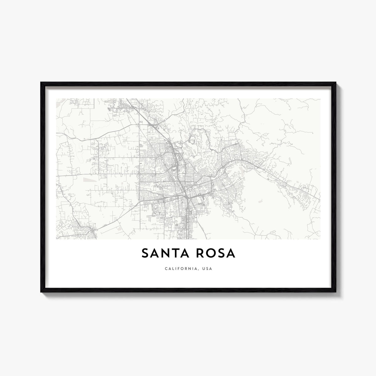 Santa Rosa black & white map poster of California, USA – horizontal wall art, unframed print shown in interior mockup
