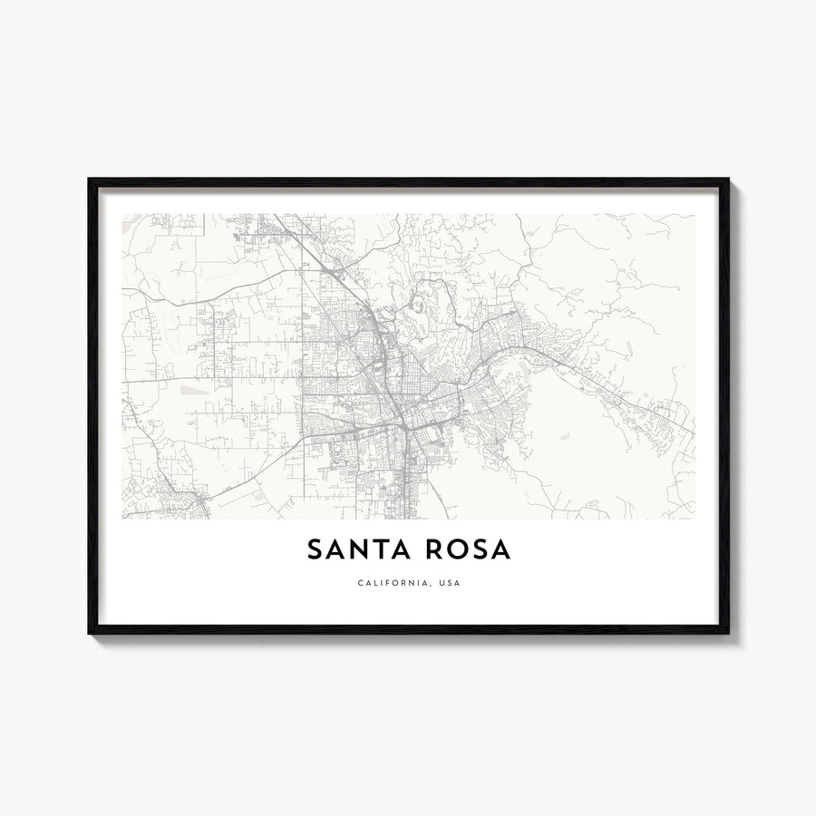 Santa Rosa black & white map poster of California, USA – horizontal wall art, unframed print shown in interior mockup