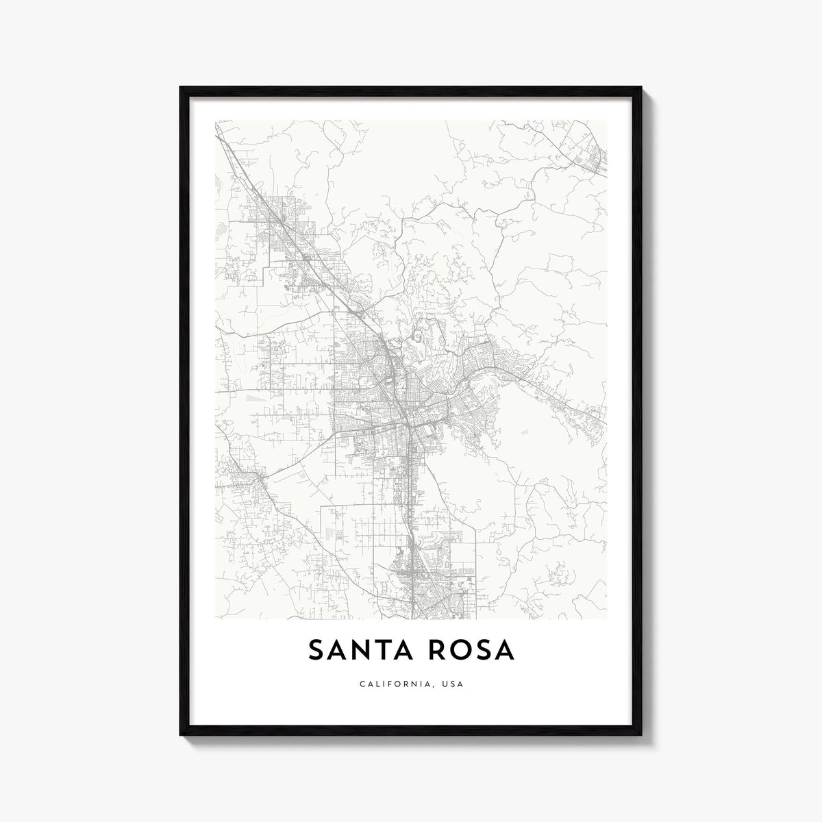 Santa Rosa black & white map poster of California, USA – vertical wall art, unframed print shown in interior mockup
