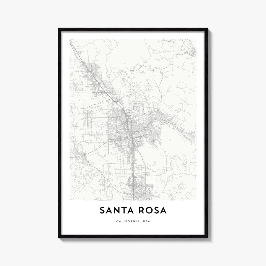 Santa Rosa black & white map poster of California, USA – vertical wall art, unframed print shown in interior mockup