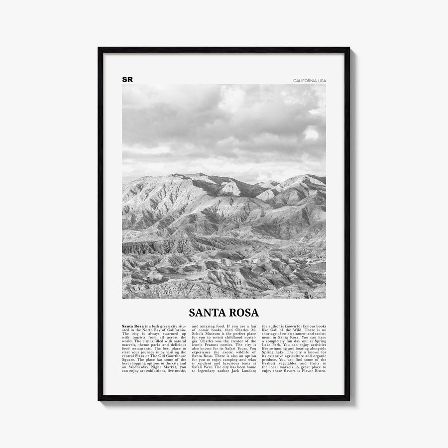 Santa Rosa black & white newspaper poster of California, USA – vertical wall art, unframed print shown in interior mockup