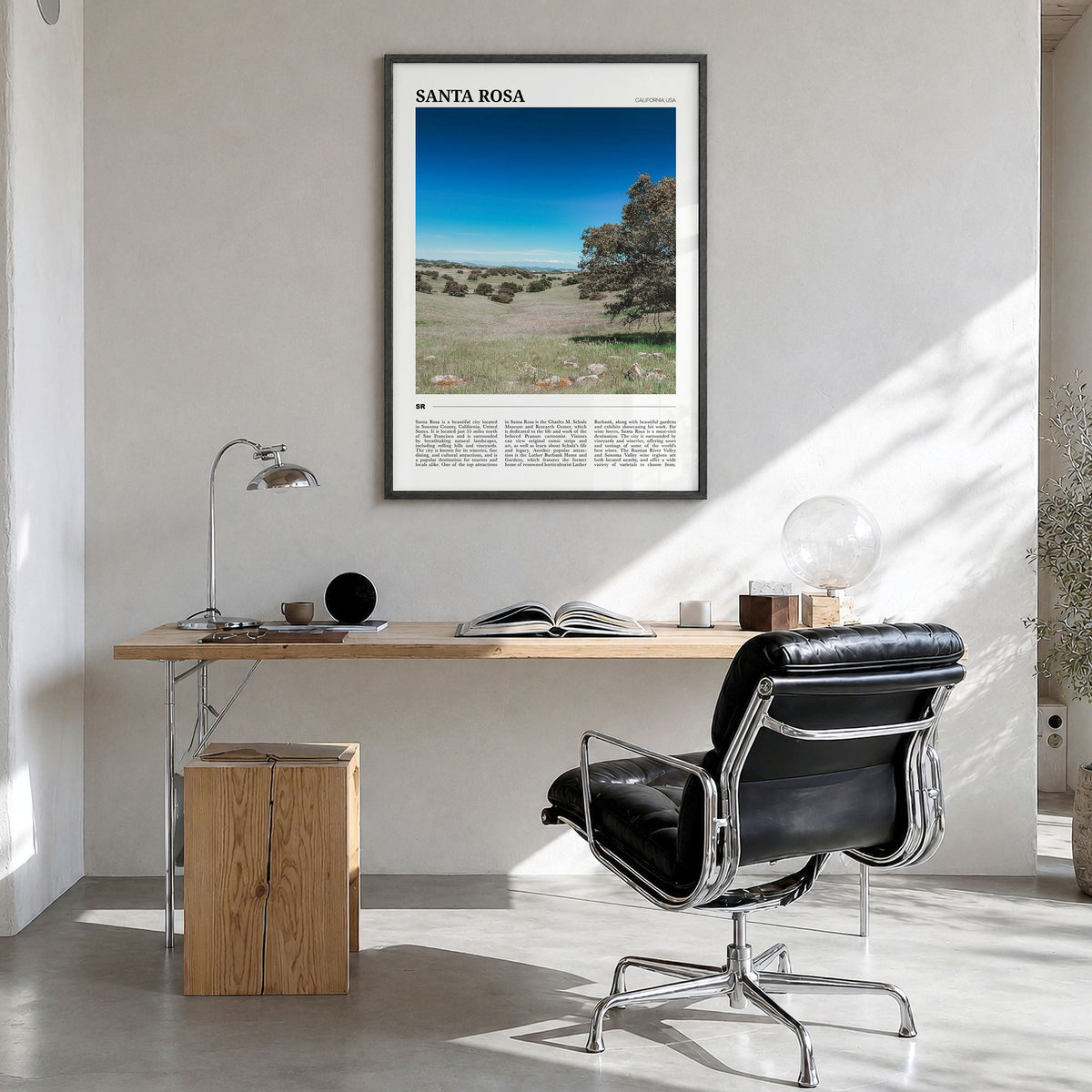 Santa Rosa Travel No 2 Poster in a black wood frame, hanging in a bright home office