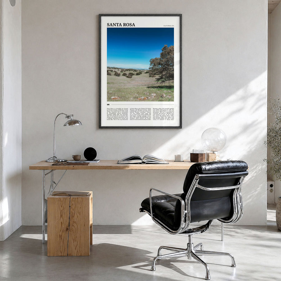 Santa Rosa Travel No 2 Poster in a black wood frame, hanging in a bright home office