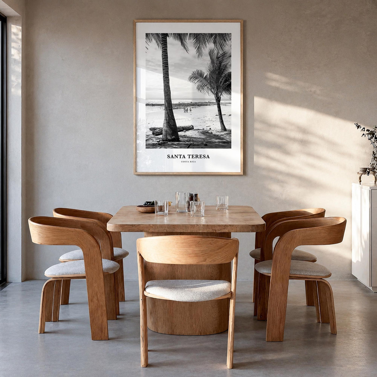 Santa Teresa black & white classic poster of Costa Rica – vertical wall art in natural wood frame, hanging on wall