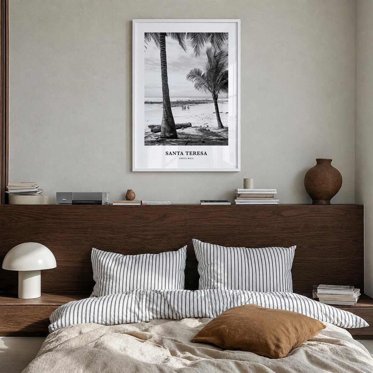 Santa Teresa black & white classic poster of Costa Rica – vertical wall art in white wood frame, hanging on wall