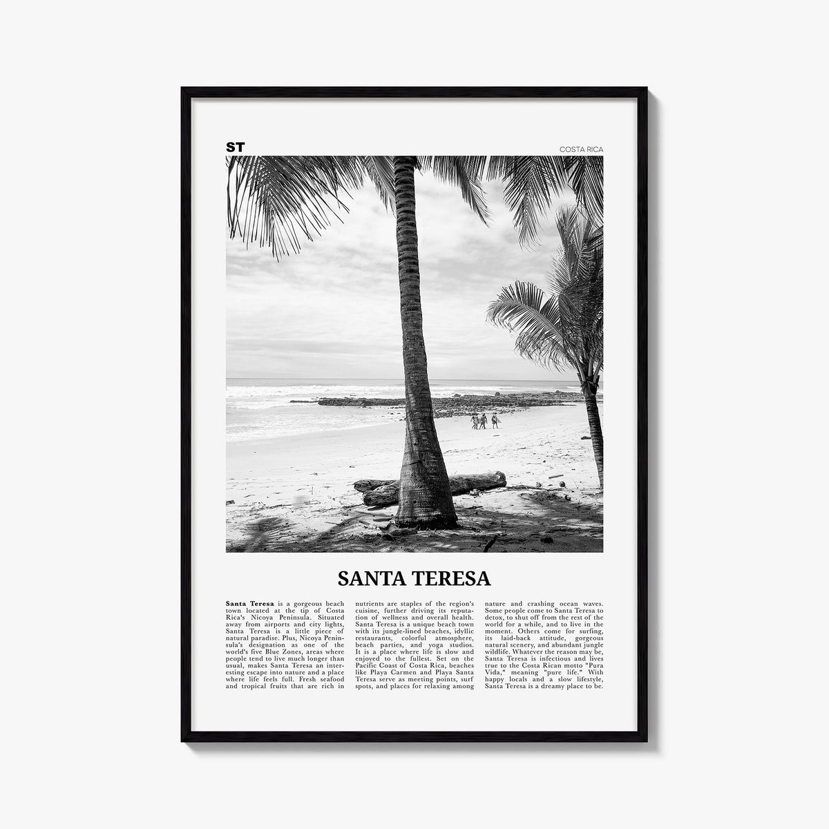 Santa Teresa black & white newspaper poster of Costa Rica – vertical wall art, unframed print shown in interior mockup