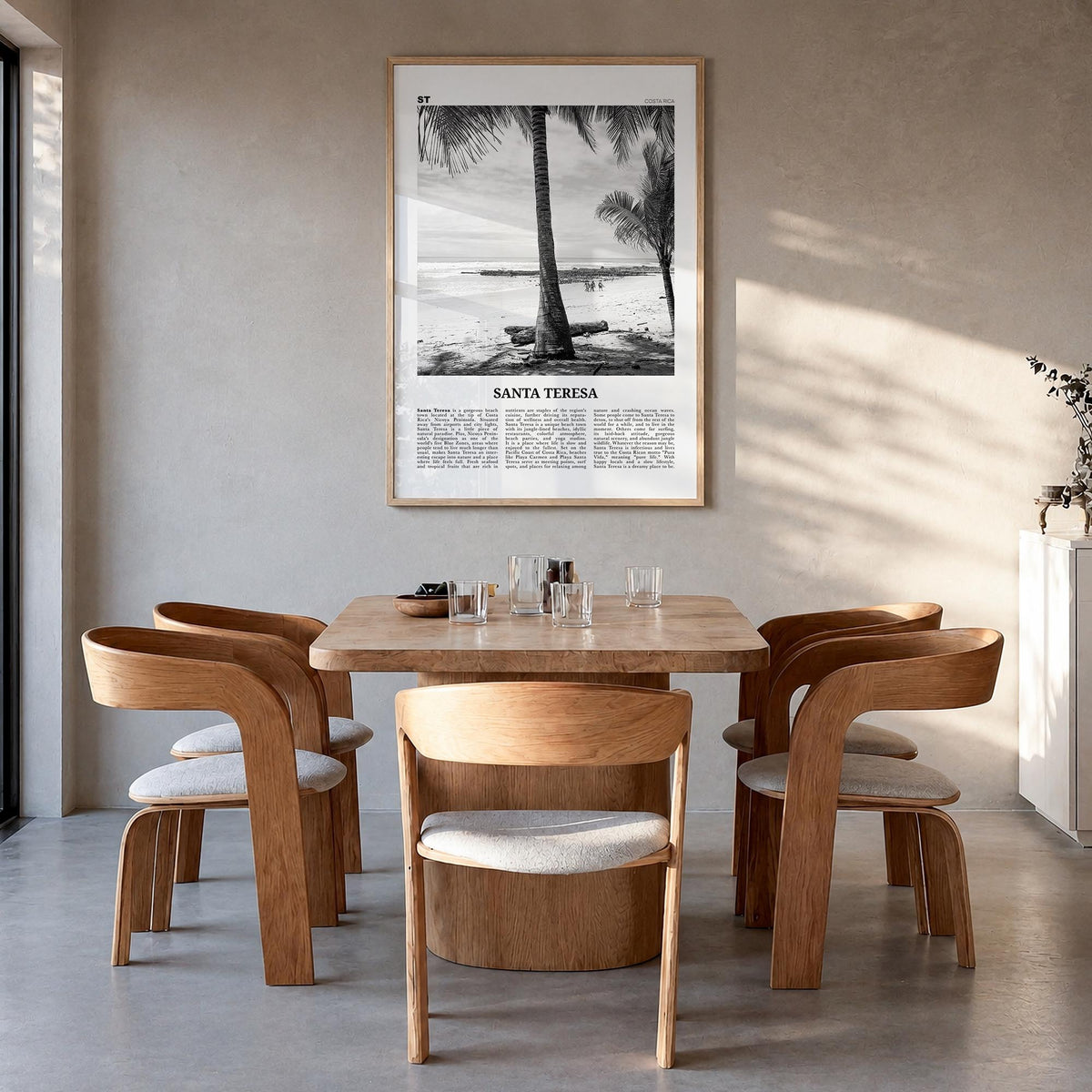 Santa Teresa black & white newspaper poster of Costa Rica – vertical wall art in natural wood frame, hanging on wall