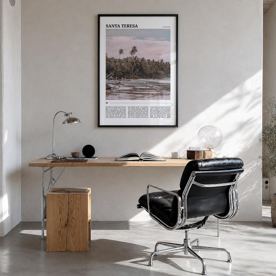 Santa Teresa colorful travel poster of Costa Rica – vertical wall art in black wood frame, hanging on wall