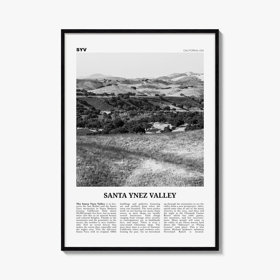 Santa Ynez Valley black & white newspaper poster of California, USA – vertical wall art, unframed print shown in interior moc