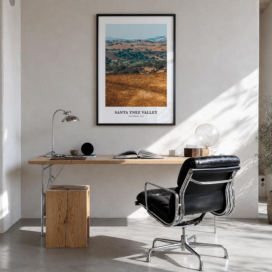 Santa Ynez Valley colorful classic poster of California, USA – vertical wall art in black wood frame, hanging on wall