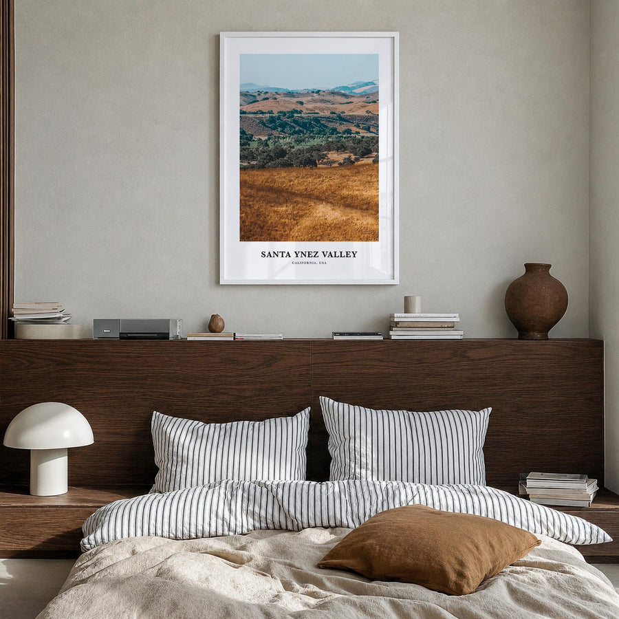 Santa Ynez Valley colorful classic poster of California, USA – vertical wall art in white wood frame, hanging on wall