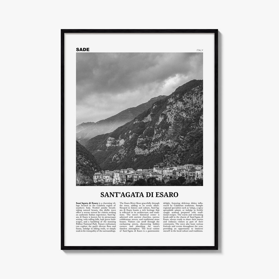 Sant'Agata di Esaro black & white newspaper poster of Italy – vertical wall art, unframed print shown in interior mockup