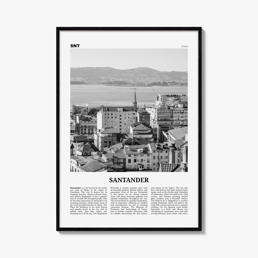 Santander black & white newspaper poster of Spain – vertical wall art, unframed print shown in interior mockup