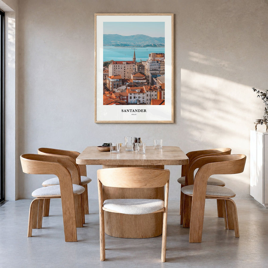 Santander Classic Poster in a natural wood frame, hanging in a dining room