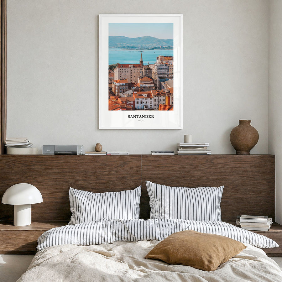 Santander Classic Poster in a white wood frame, hanging in a bedroom