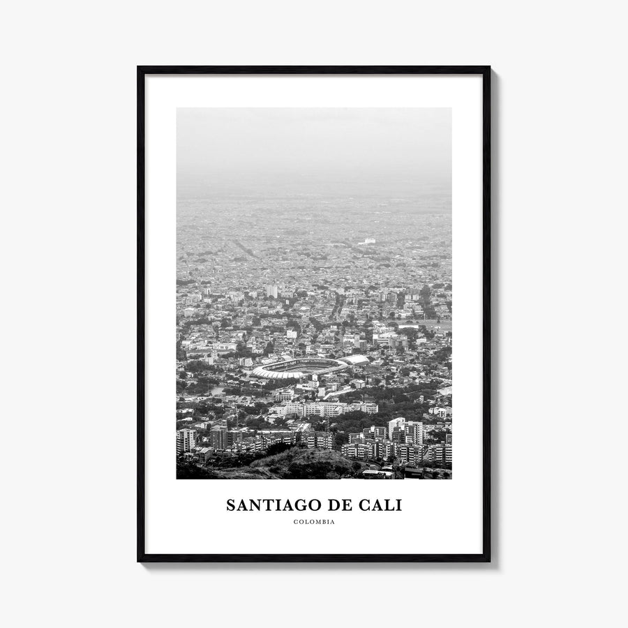 Santiago de Cali black & white classic poster of Colombia – vertical wall art, unframed print shown in interior mockup
