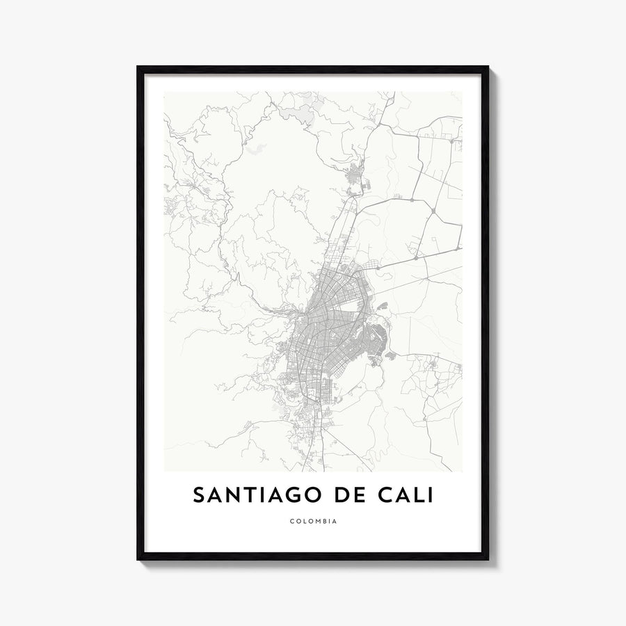 Santiago de Cali black & white map poster of Colombia – vertical wall art, unframed print shown in interior mockup