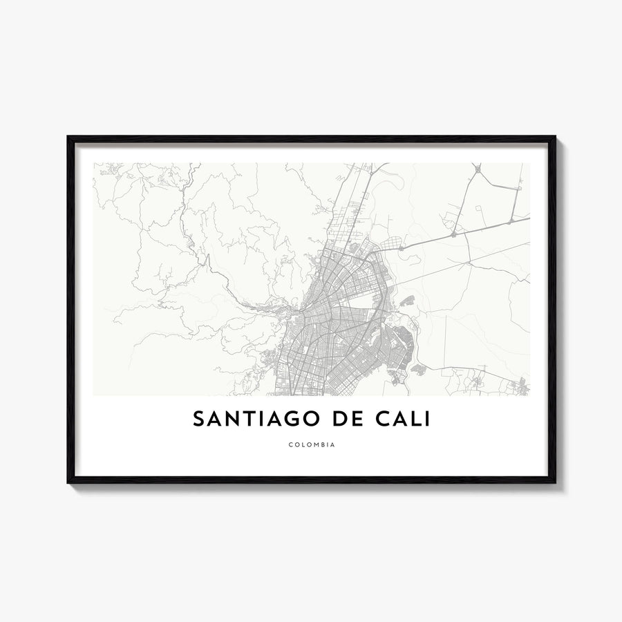 Santiago de Cali black & white map poster of Colombia – horizontal wall art, unframed print shown in interior mockup
