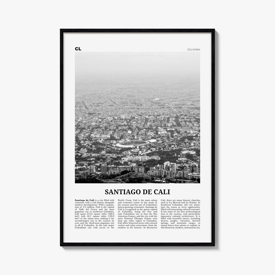 Santiago de Cali black & white newspaper poster of Colombia – vertical wall art, unframed print shown in interior mockup