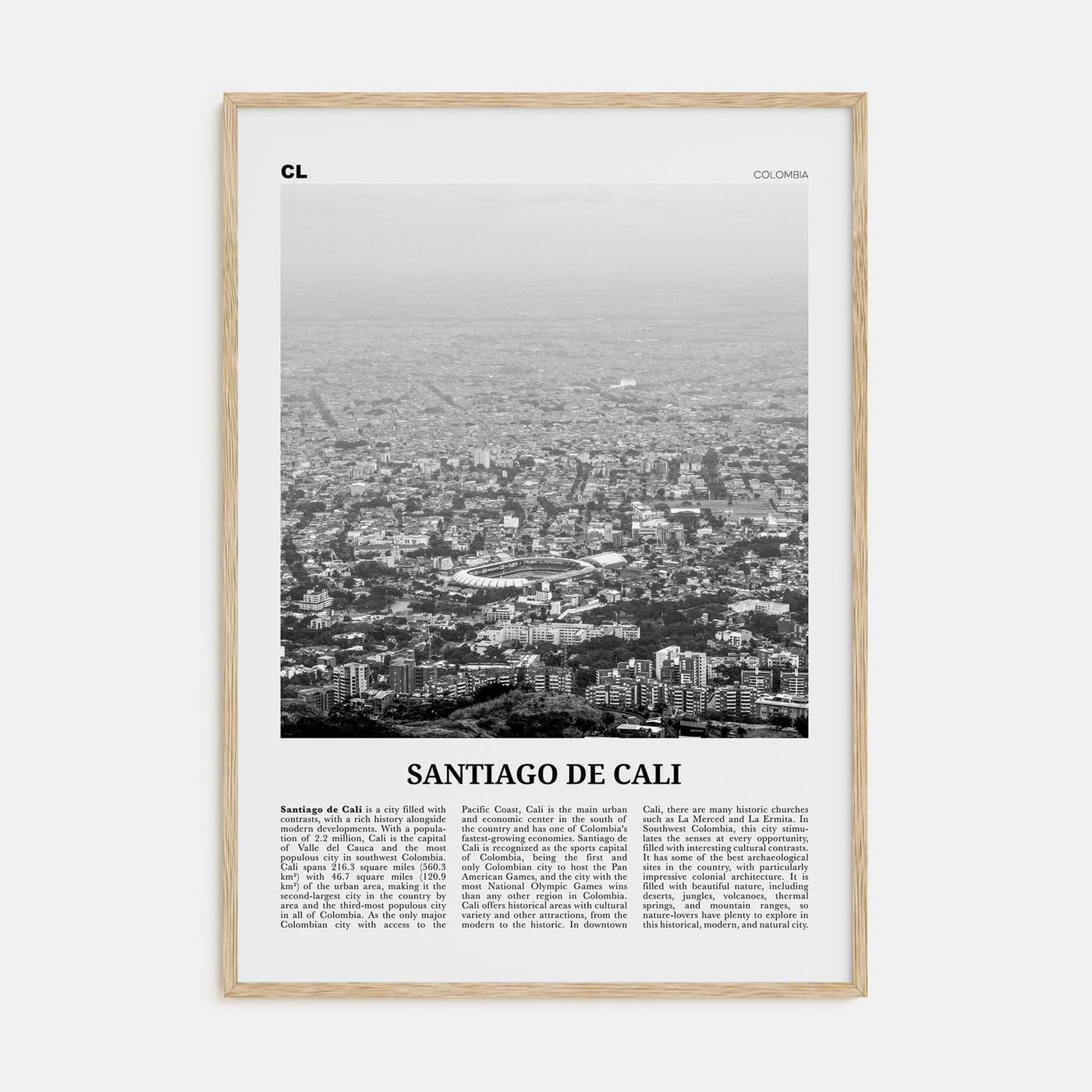 Santiago de Cali Poster Natural Wood / 8x12 in Nbourhood Travel B&W Poster