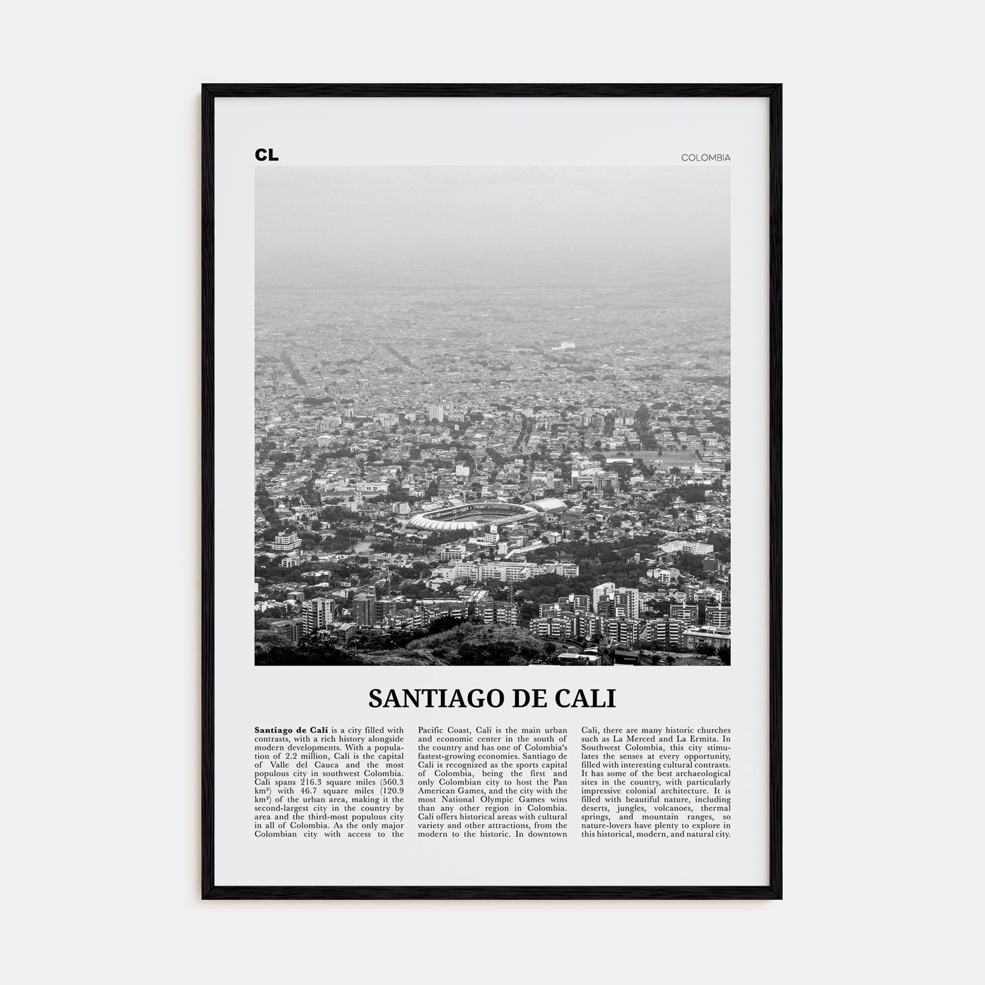 Santiago de Cali Poster Black Wood / 8x12 in Nbourhood Travel B&W Poster