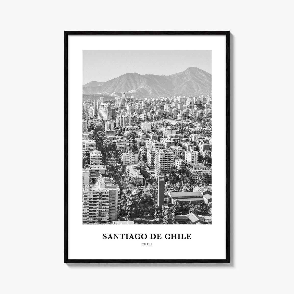 Santiago de Chile black & white classic poster of Chile – vertical wall art, unframed print shown in interior mockup