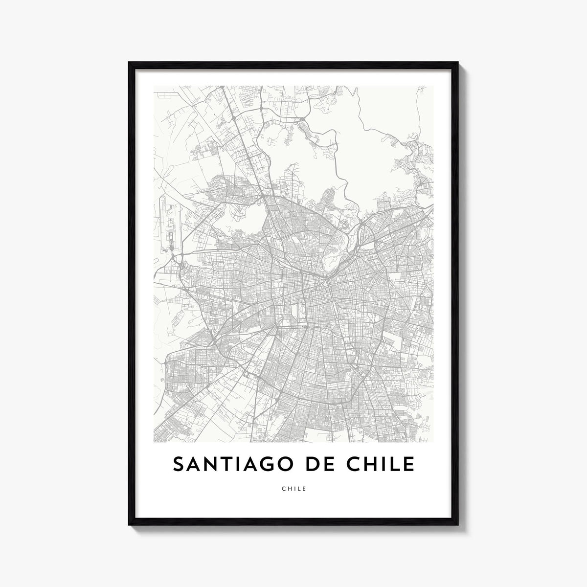 Santiago de Chile black & white map poster of Chile – vertical wall art, unframed print shown in interior mockup