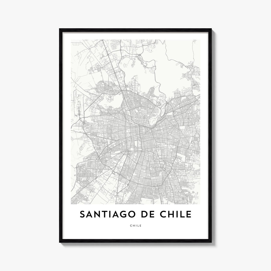 Santiago de Chile black & white map poster of Chile – vertical wall art, unframed print shown in interior mockup