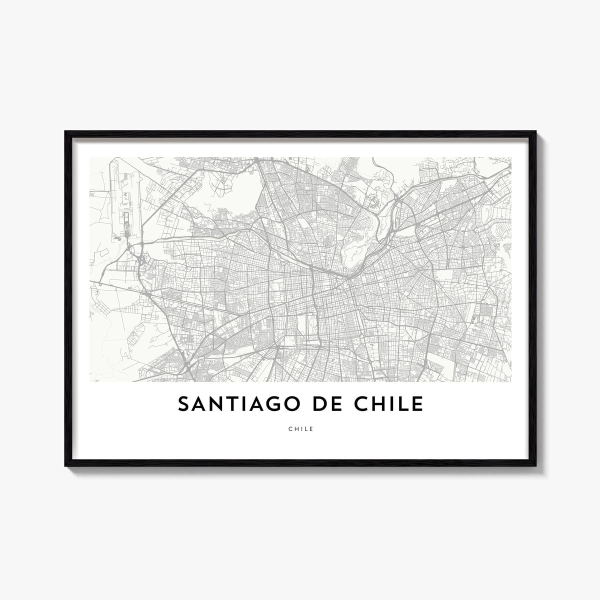 Santiago de Chile black & white map poster of Chile – horizontal wall art, unframed print shown in interior mockup