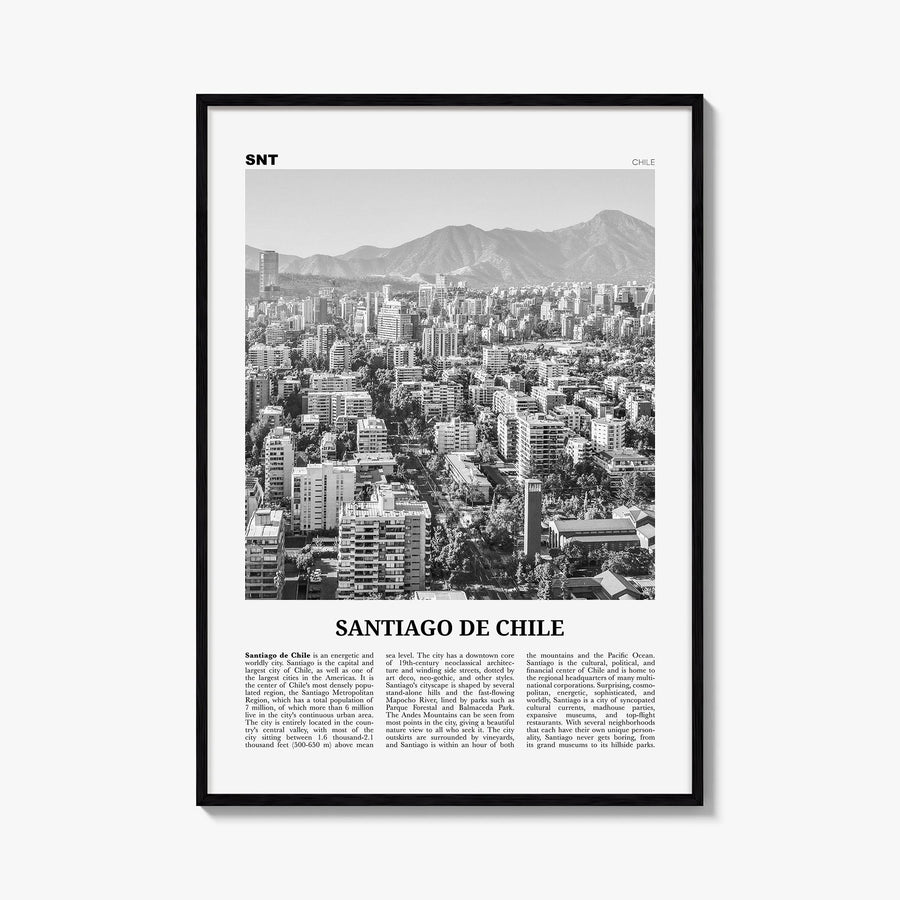 Santiago de Chile black & white newspaper poster of Chile – vertical wall art, unframed print shown in interior mockup