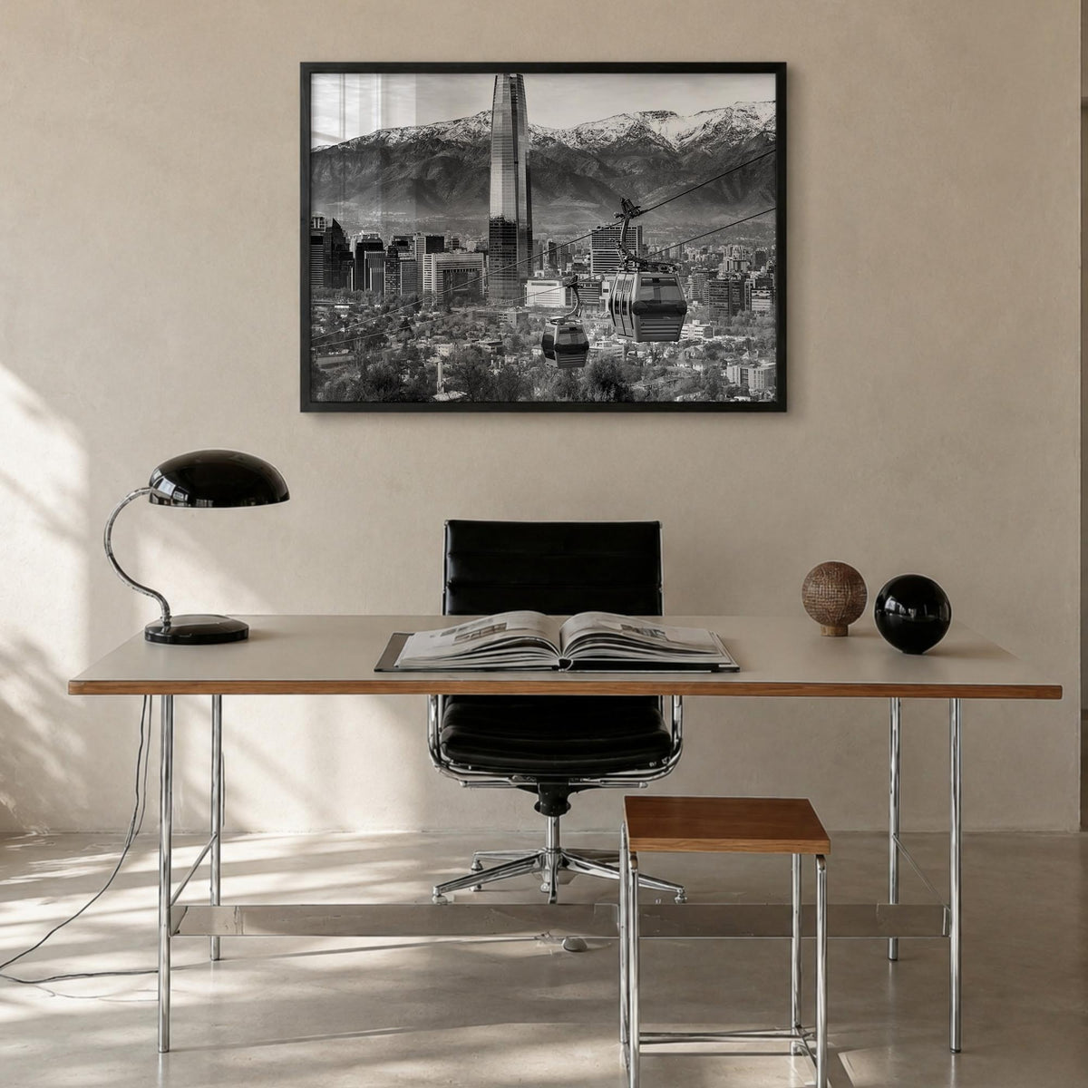 Santiago de Chile black & white photo poster of Chile – horizontal wall art in black wood frame, hanging on wall