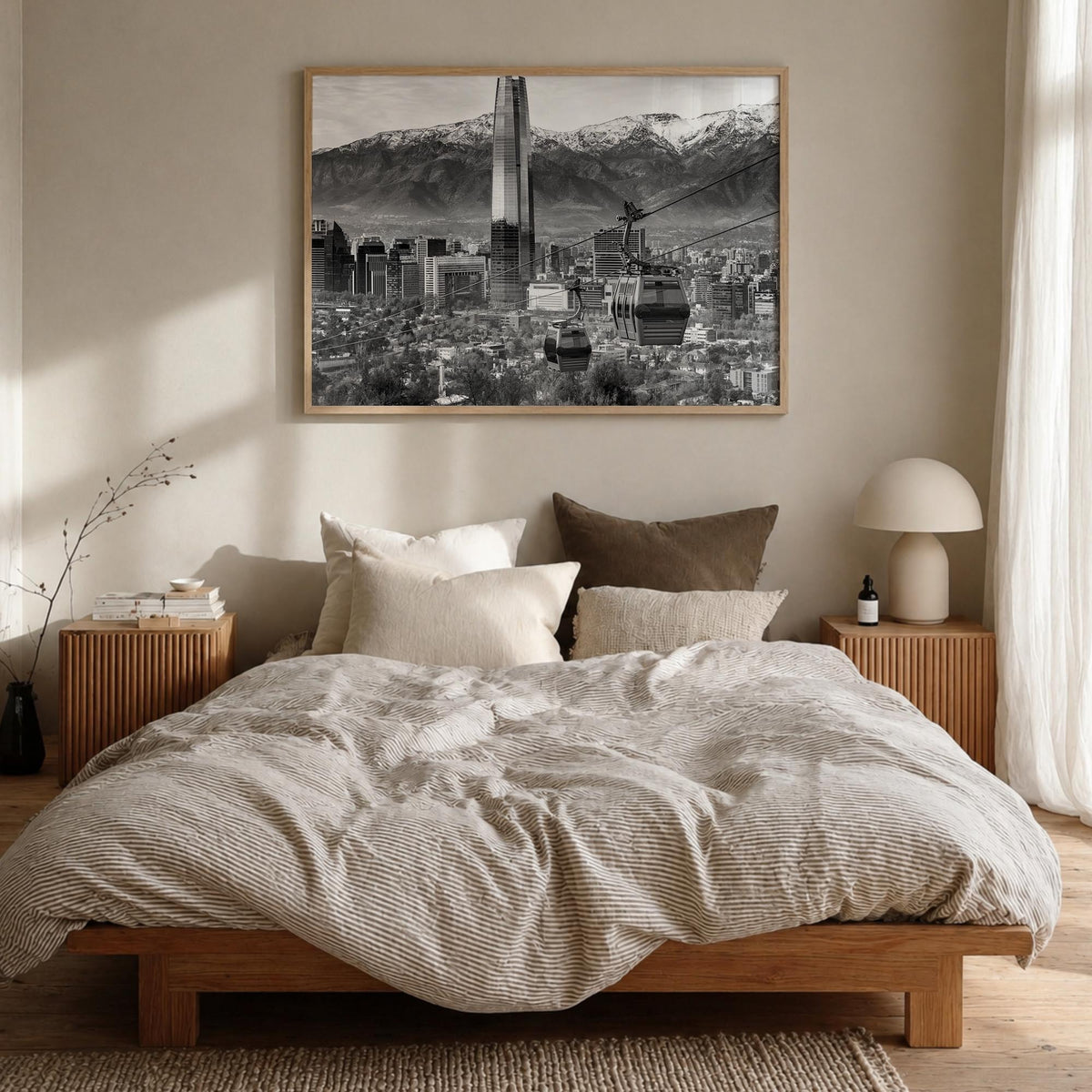 Santiago de Chile black & white photo poster of Chile – horizontal wall art in natural wood frame, hanging on wall