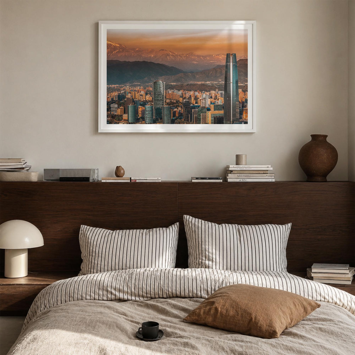 Santiago de Chile colorful photo poster of Chile – horizontal wall art in white wood frame with white border, hanging on wall